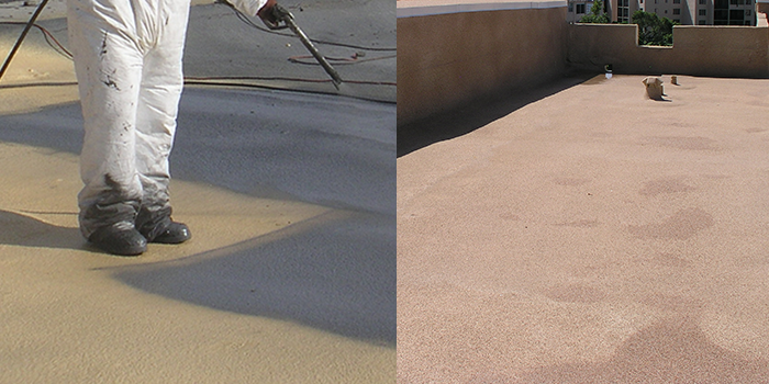 SPF roof coating application and finished roof with granules
